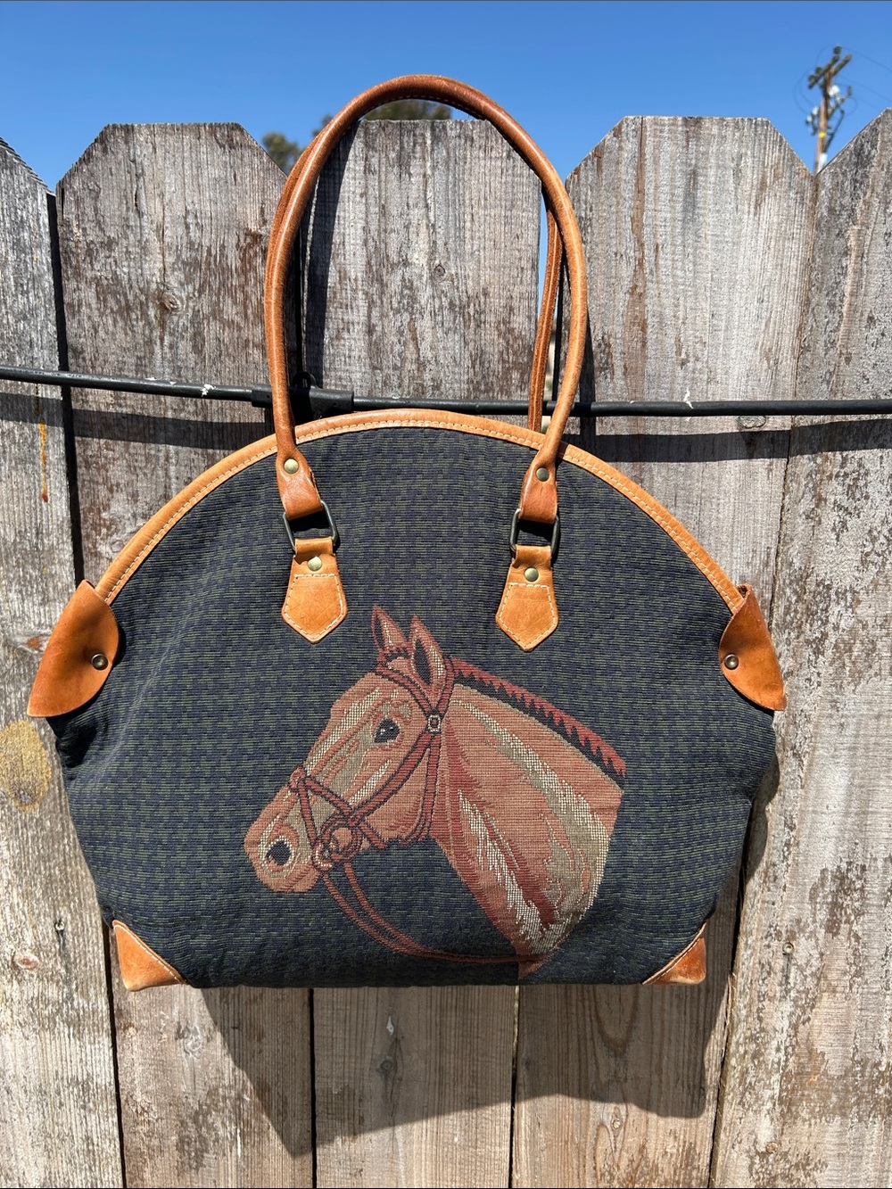 Vintage Black Tote with Brown Horse Motif